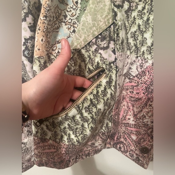 Free People Nadia Moto Jacket Pierced Mix Print Paisley Sage Pink Black - Picture 10 of 12